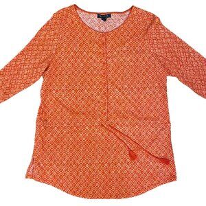 Lauren Ralph Lauren 1X Orange Geometric Tunic Top Button Front 3/4 Sleeve Tie